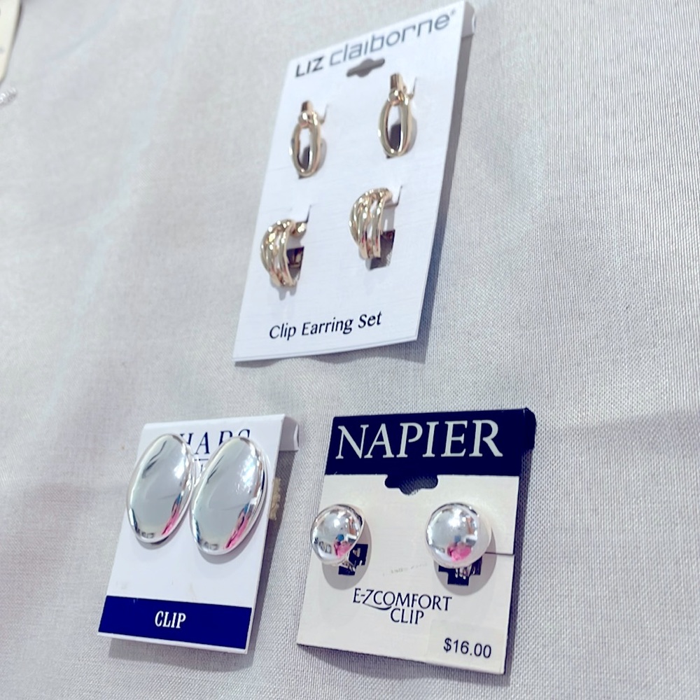 4 Pair New Silvertone & Goldtone Clip Earrings - Liz Claiborne, Chaps & Napier